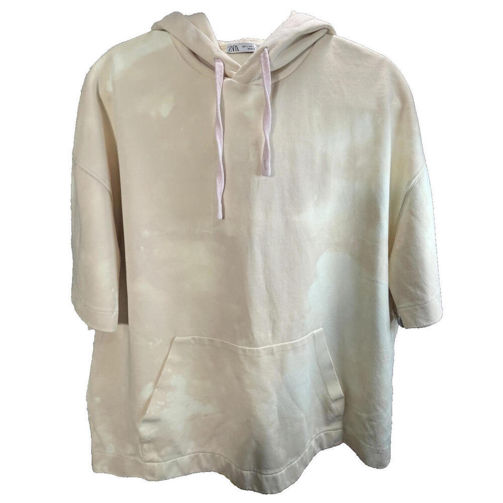 ZARA short sleeve hooded beige/ivory tie-die sweatshirt Sz Large